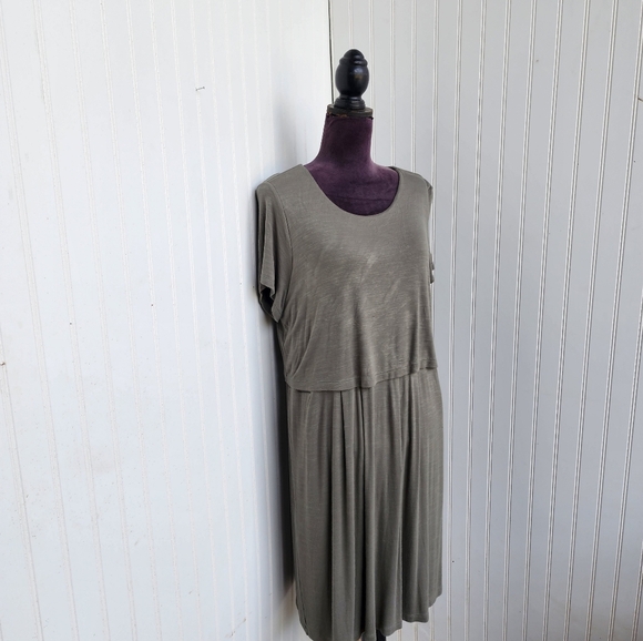 J. JILL Women Tiered Dress Back Buttons Side Pocketed Stretch Midi Olive Green L - Picture 2 of 12